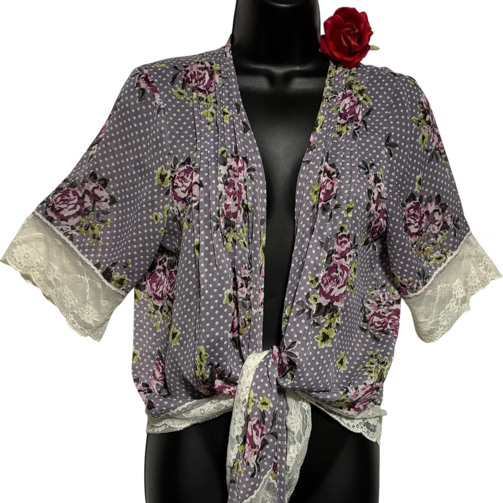 Y2K Kimono Jacket Top Ties Lace Plum polkadot floral Whimsical Fairy Artsy boho